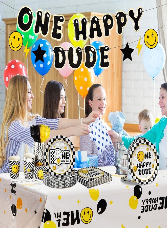 Suttmin 122 Pcs One Happy Dude Birthday Decorations 1st Birthday Party Tableware Set for 24 Guests Include One Happy Dude Plates Cups Napkins Fork Smile Face Tablecloth Banner for Party Decor - Image 5